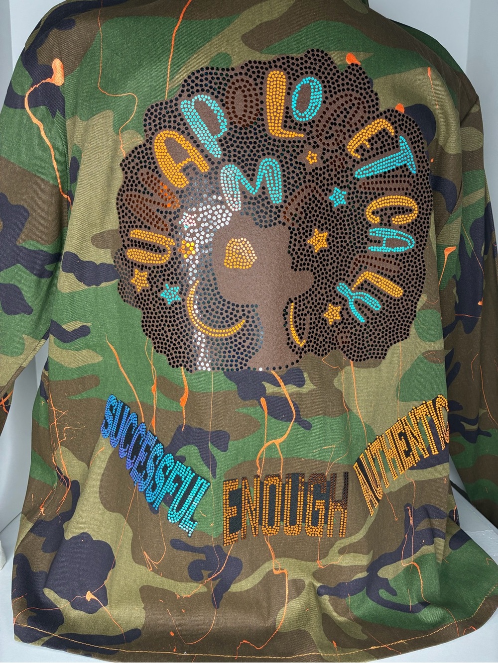 Custom Affirmation Camo Utility Jacket embellished Patches